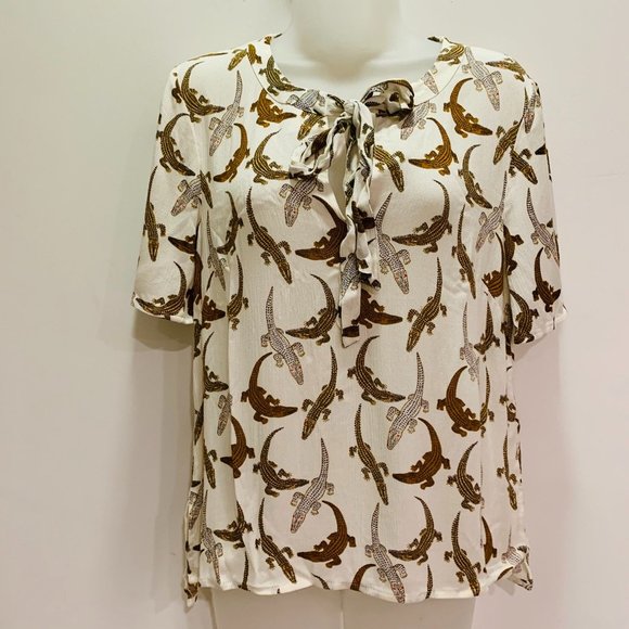 HM Lizard Print Bow Tie Neck Short Sleeve Blouse